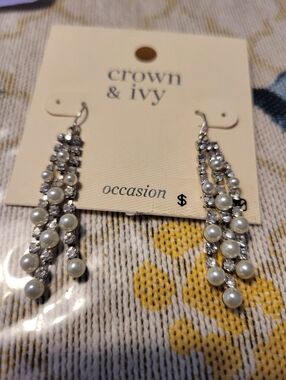 crown & ivy Silver-Tone Pearl and Crystal Dangle Earrings